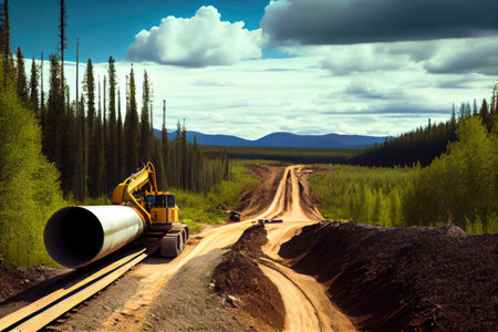 gas pipeline being constructed in remote, wilderness area, created with generative aiの素材