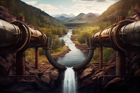 large gas pipeline crossing over river, with view of waterfalls in the background, created with generative aiの素材