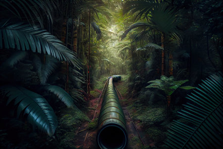 gas pipeline, running through dense and tropical rainforest, created with generative aiの素材