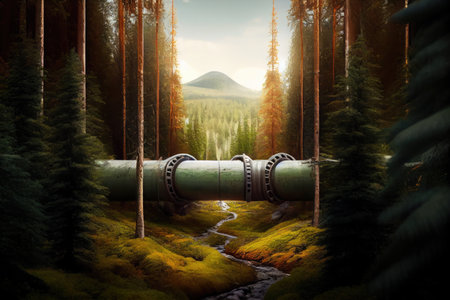 gas pipeline running through forest, with trees and wildlife in the background, created with generative aiの素材