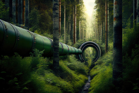 gas pipeline running through dense forest, with trees towering overhead, created with generative aiの素材