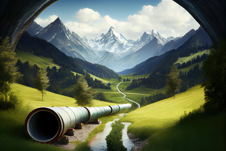 gas pipeline through idyllic valley, with mountains in the background, created with generative aiの素材