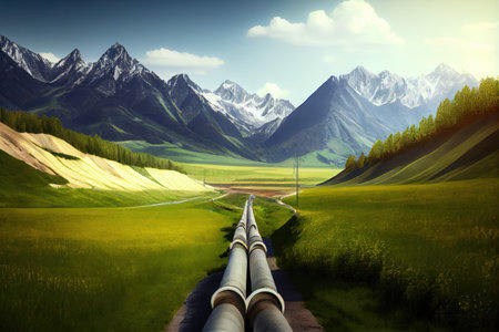 gas pipeline through idyllic valley, with mountains in the background, created with generative aiの素材