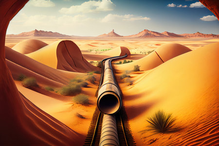 gas pipeline running through desert, with rolling dunes in the background, created with generative aiの素材
