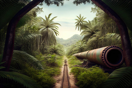 gas pipeline in dense jungle, with trees and wildlife visible, created with generative aiの素材
