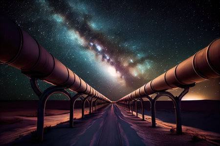 gas pipeline, stretching through the night sky, with stars shining, created with generative aiの素材