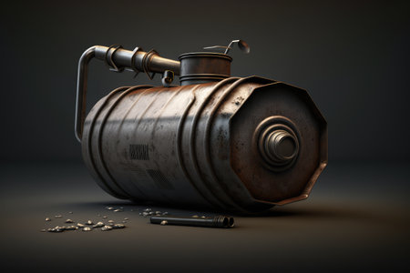 gasoline canister lying on its side, with the nozzle pointing towards the viewer, created with generative aiの素材