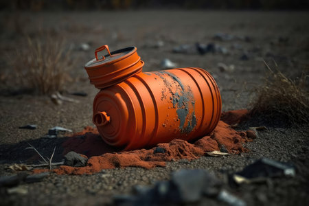 gasoline canister, with spill of gasoline on the ground, created with generative aiの素材