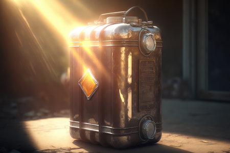 gasoline canister, filled to the brim, with sunlight shining through, created with generative aiの素材