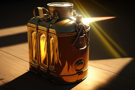gasoline canister, filled to the brim, with sunlight shining through, created with generative aiの素材