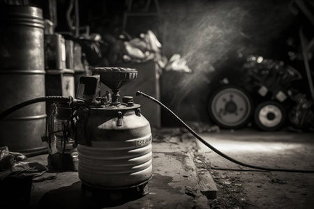 view of gas canister with hand pumping the fuel into vehicle, created with generative aiの素材