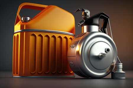 gasoline canister with gas pump nozzle in the foreground, created with generative aiの素材