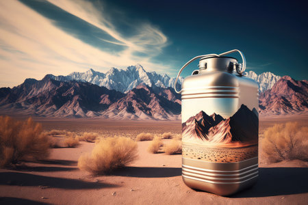 gasoline canister with rolling view of mountain range in the background, created with generative aiの素材