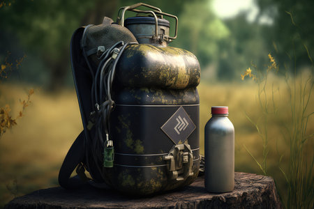 gasoline canister in backpack, ready for a long hike, created with generative aiの素材
