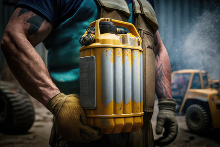 gas canister in the hands of a construction worker, ready to fuel up heavy machinery, created with generative aiの素材