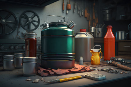 gasoline canister surrounded by technical and cooking tools in kitchen, created with generative aiの素材