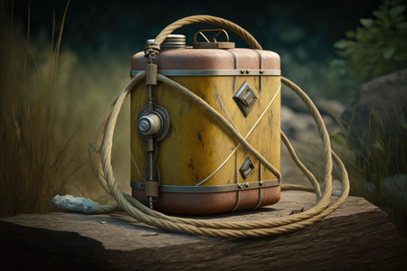 gasoline canister with rope for carrying into the wild, created with generative aiの素材