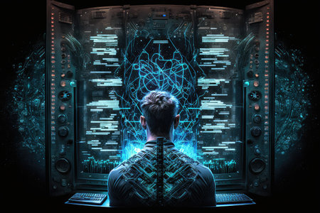 genetic programmer, working with sophisticated computer system, creating new programs, created with generative aiの素材