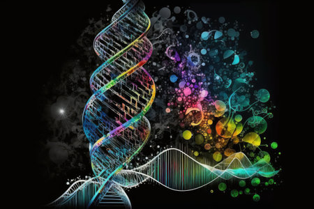 genetic programming system, with colorful and abstract representations of genetic information, being used to solve complex problem, created with generative aiの素材