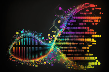 genetic programming system, with colorful and abstract representations of genetic information, being used to solve complex problem, created with generative aiの素材
