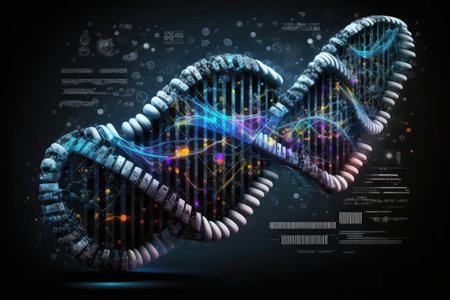 genetic programming system, with view of dna strand and coding visible, created with generative aiの素材