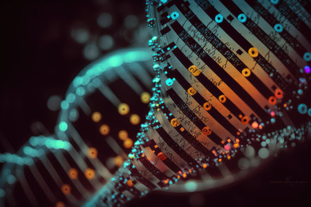 close-up of a dna strand, with genetic programming code visible, created with generative aiの素材
