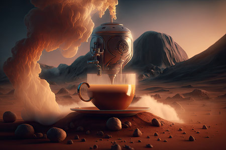 cup of hot coffee, steam rising from the surface, with a geyser brewing machine in the background, created with generative aiの素材
