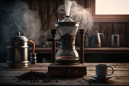 geyser coffee maker, with steamy cup of coffee, on wooden table, created with generative aiの素材