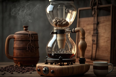 geyser coffee maker with vintage style glass carafe and wooden handle, created with generative aiの素材