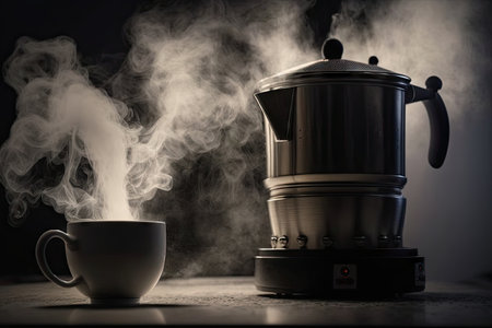 close-up of steaming cup of coffee, with geyser maker and filter in the background, created with generative aiの素材