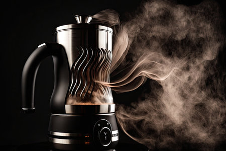 close-up of geyser coffee maker, with steam wafting from the spout and hot water ready to brew, created with generative aiの素材