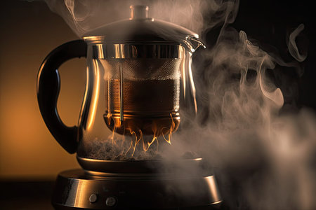 close-up of geyser coffee makers steamy and hot stream of water, created with generative aiの素材