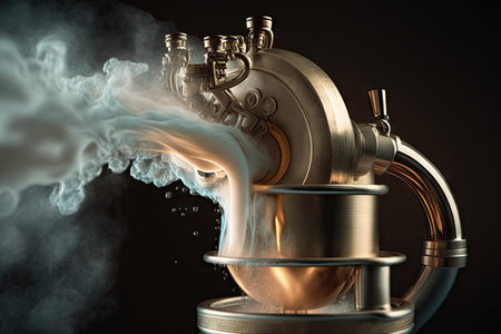 steam rising from cup of freshly brewed coffee, while geyser makes its characteristic hissing sound, created with generative aiの素材