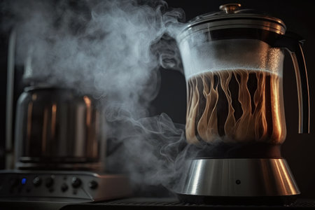 close-up of geyser coffee maker showing the water being heated and steam rising, created with generative aiの素材