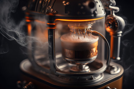 close-up of a geyser coffee maker, with steam and hot water pouring out, created with generative aiの素材