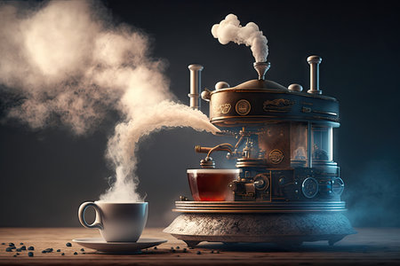 steam rising from cup of freshly brewed coffee, with geyser machine in the background, created with generative aiの素材