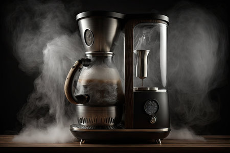 geyser coffee maker with glass carafe, surrounded by steam and hot water, created with generative aiの素材