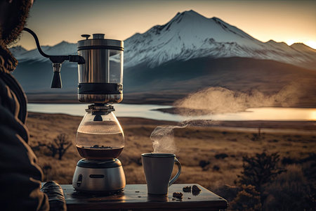 person, brewing cup of coffee using geyser coffee maker, and enjoying tranquil view of mountain range in the background, created with generative aiの素材
