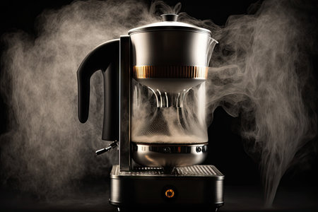 close-up of geyser coffee maker, with steam rising from the spout, created with generative aiの素材