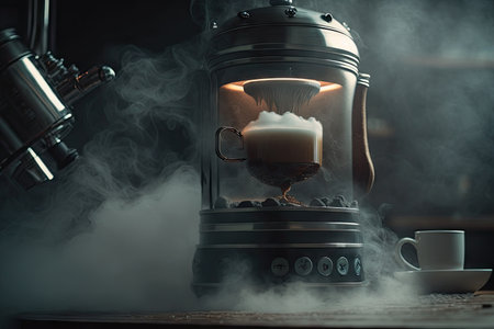 close-up of geyser coffee maker, with steam rising from the spout, created with generative aiの素材