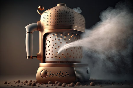 close-up of geyser coffee maker, with steam rising from the spout and hot water droplets falling, created with generative aiの素材