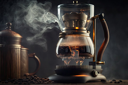 close-up of geyser coffee maker, with steam and hot water being poured into the glass carafe, created with generative aiの素材