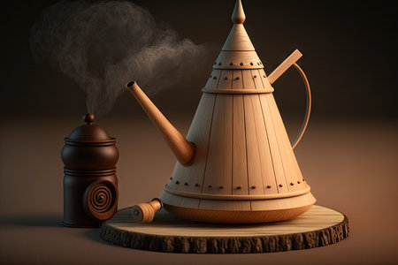 close-up of steam rising from cup of hot coffee, with geyser coffeemaker in the background, created with generative aiの素材