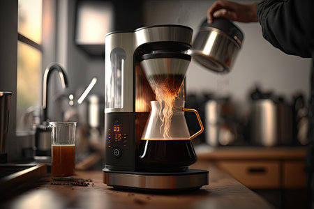 person, brewing cup of coffee using geyser brewer in modern kitchen, created with generative aiの素材