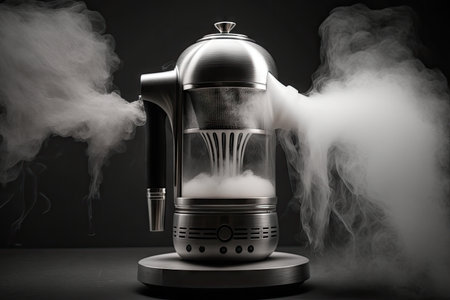 close-up of geyser coffee maker, with steam rising from the spout, created with generative aiの素材
