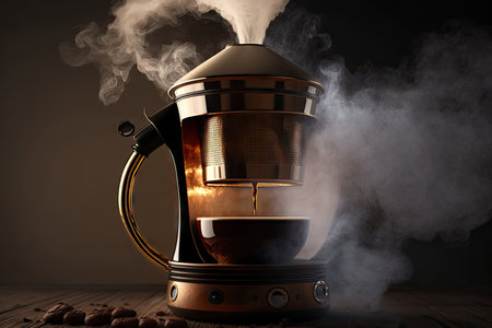 close-up of the delicious coffee brewed by geyser coffee maker, with steam rising from the cup, created with generative aiの素材