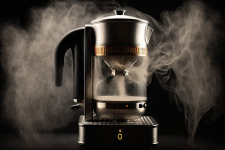 close-up of geyser coffee maker, with steam rising from the hot water, created with generative aiの素材