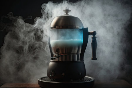 close-up of geyser coffee maker, with steam rising from the hot water, created with generative aiの素材