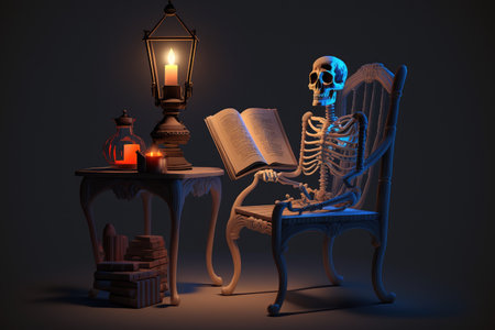 ghost skeleton sitting in rocking chair, with lantern and book on the table nearby, created with generative aiの素材
