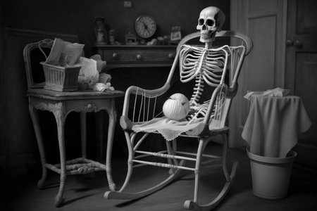 ghost skeleton sitting in rocking chair, with a forgotten sewing basket nearby, created with generative aiの素材